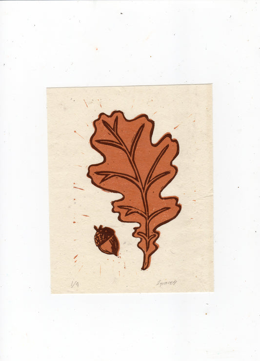 Oak Leaf and Acorn Original Lino Print