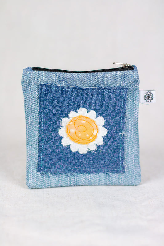 Embroidered Daisy Denim Pouch