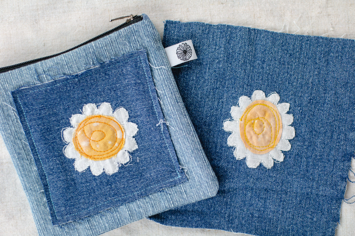 Embroidered Daisy Denim Pouch