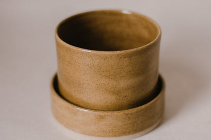 Brown Speckled Ceramic Planter and Dish Set
