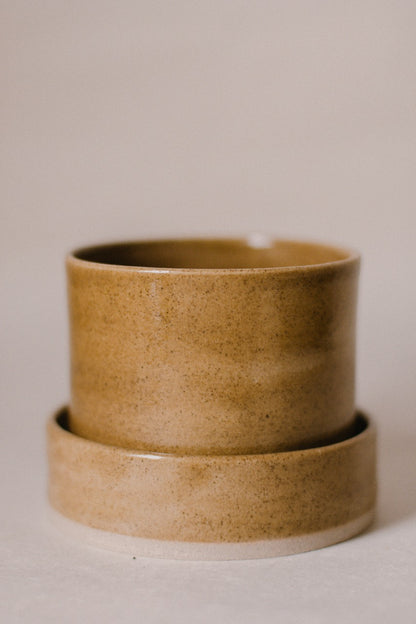 Brown Speckled Ceramic Planter and Dish Set