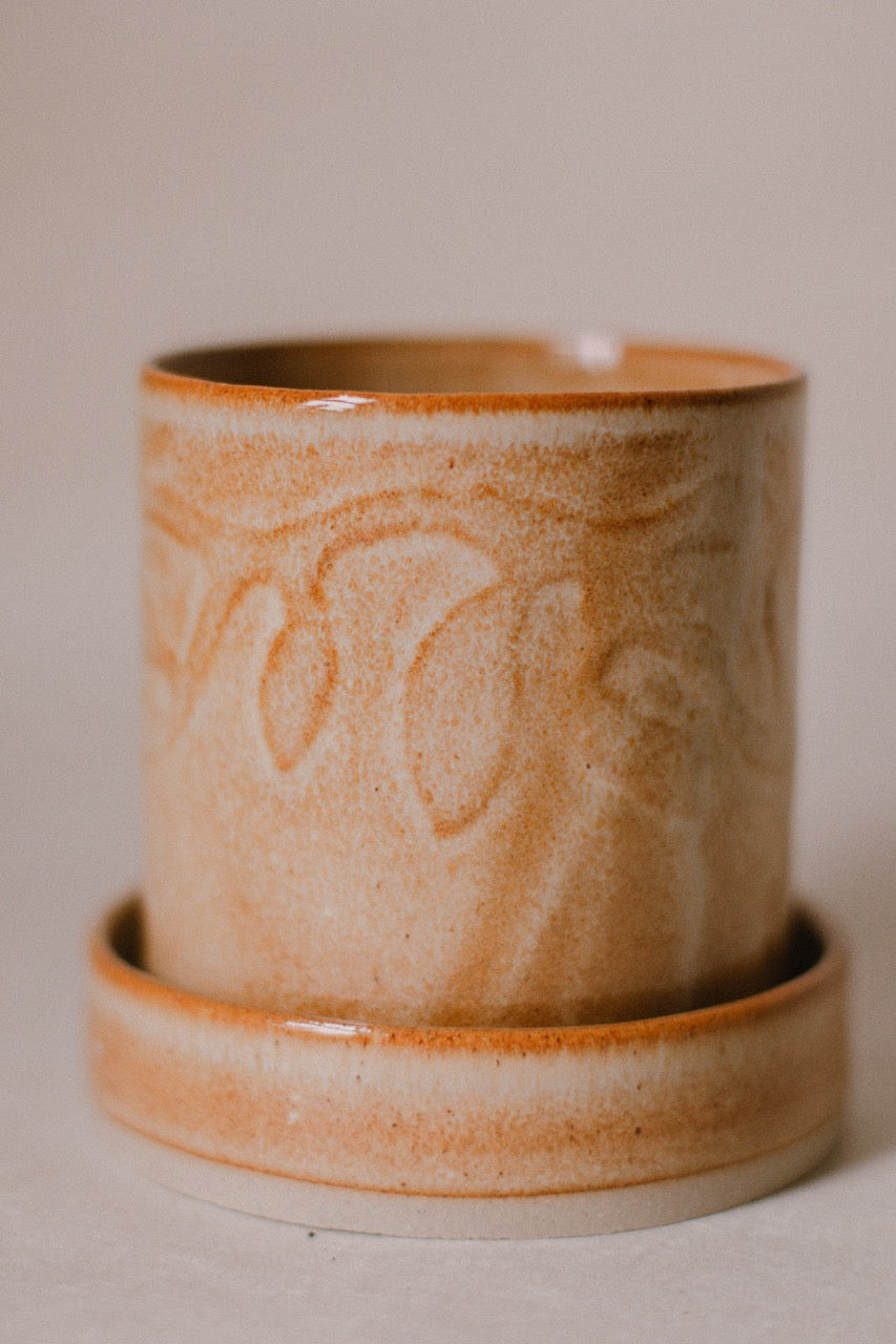 Speckled Ochre Embossed Vine Plant Pot Set