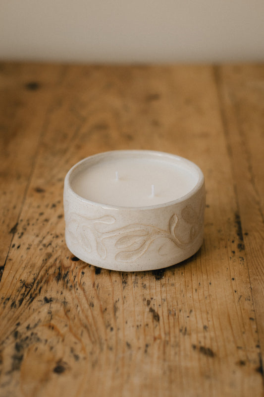 Soy Wax Candle in Carved Ceramic Pot