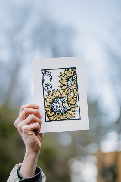 Bee and Sunflower A5 Linocut Print
