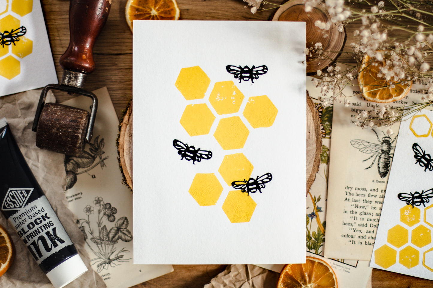 Bee and Honeycomb A5 Lino Print