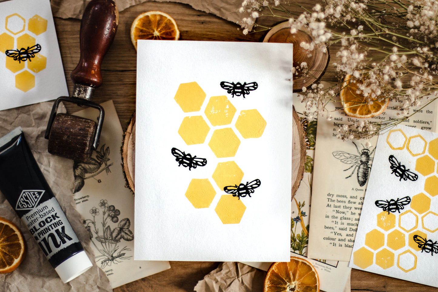 Bee and Honeycomb A5 Lino Print