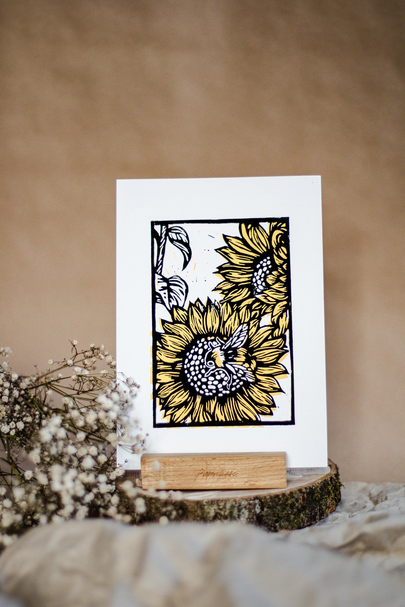 Bee and Sunflower A5 Linocut Print