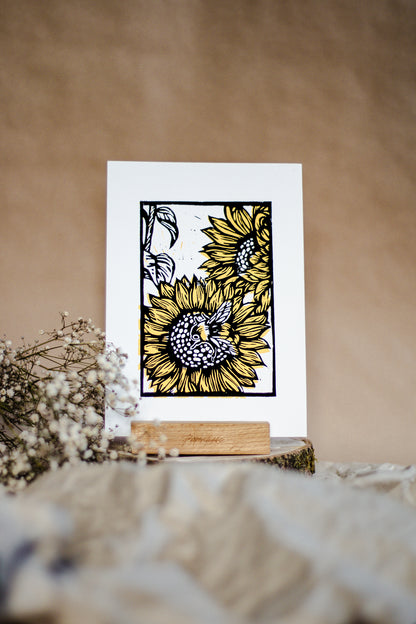 Bee and Sunflower A5 Linocut Print