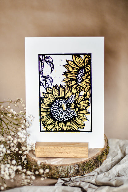 Bee and Sunflower A5 Linocut Print