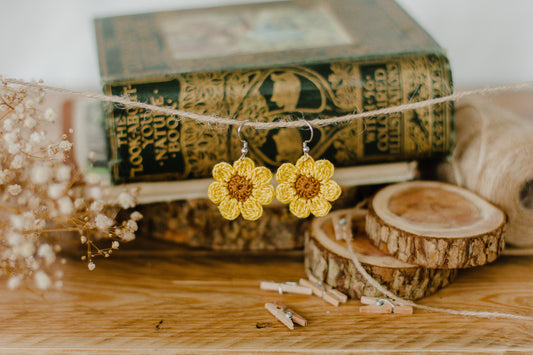 Crochet Sunflower Dangle Earrings