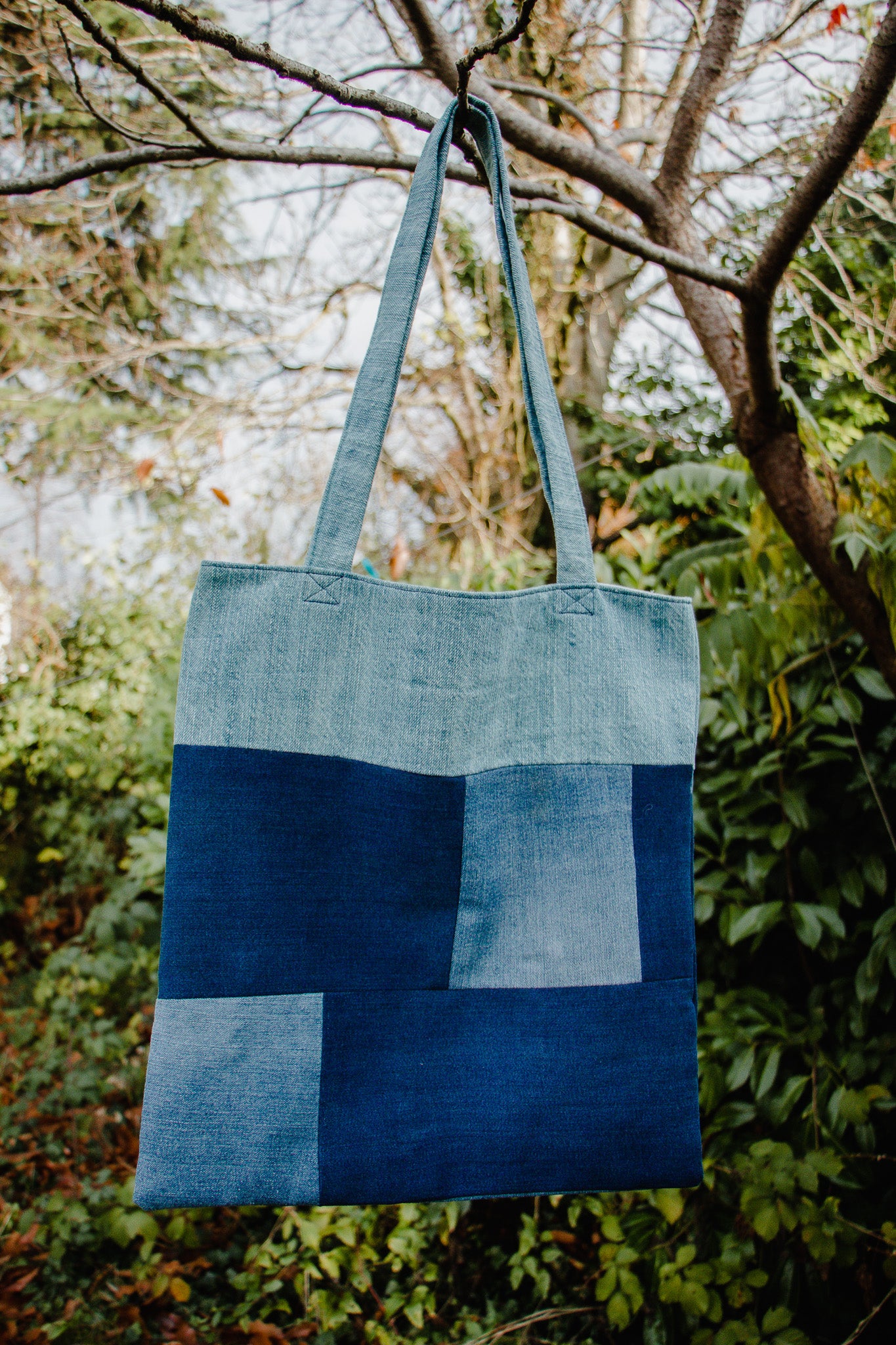 Denim patchwork tote online bag