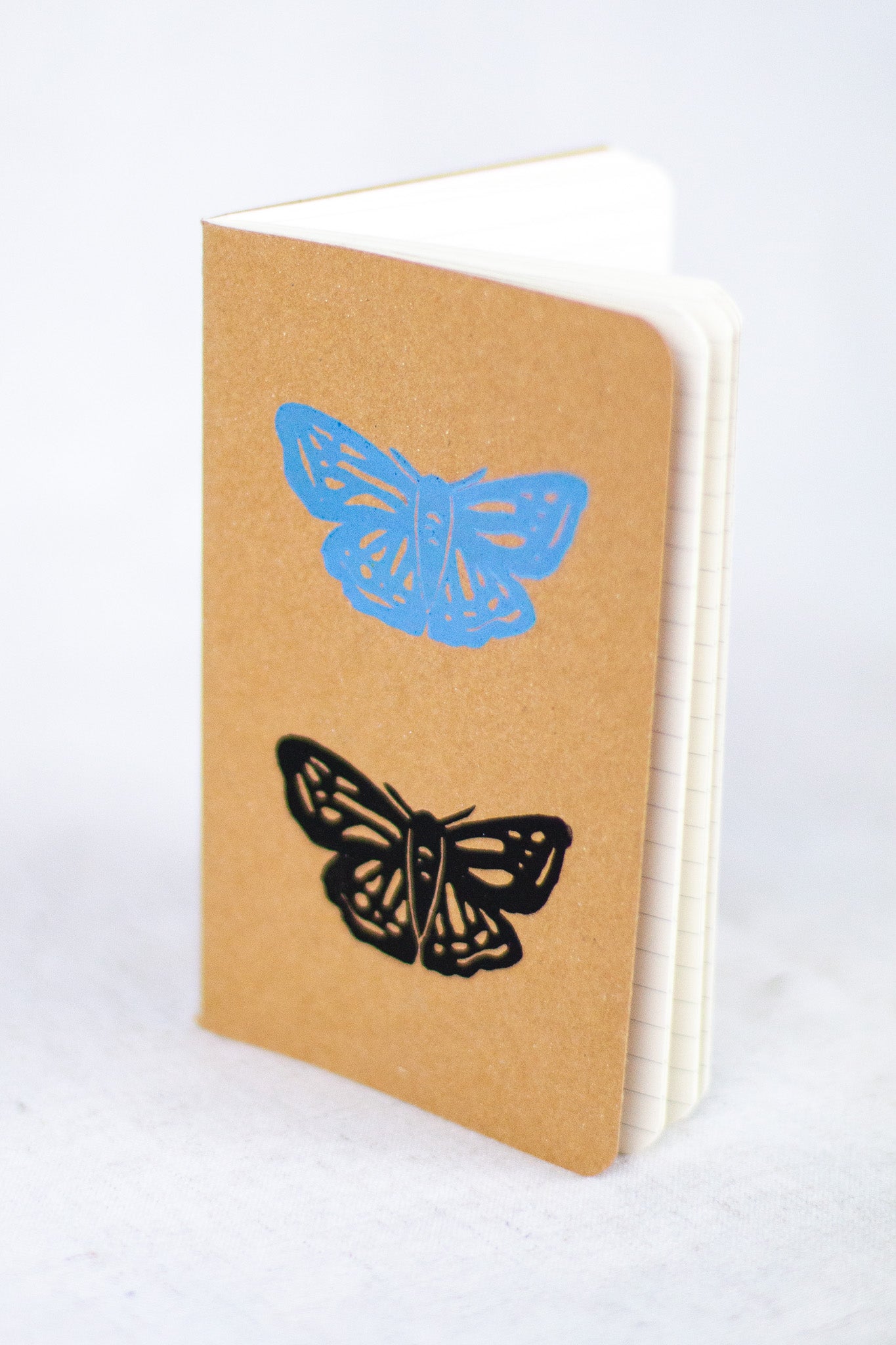 Blue and Black Moth Block Printed A6 Notebook