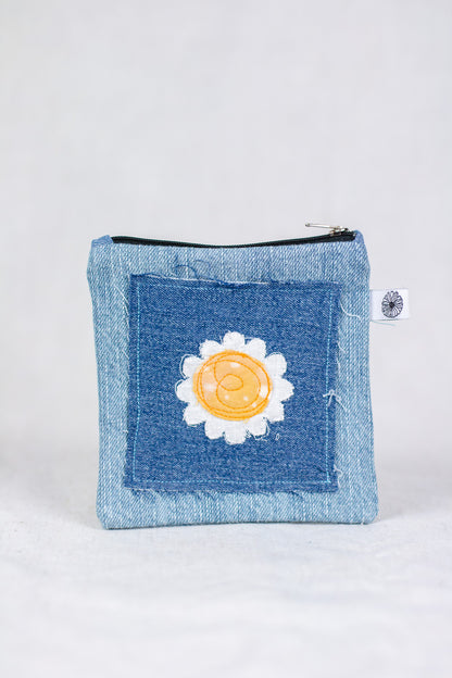 Embroidered Daisy Denim Pouch