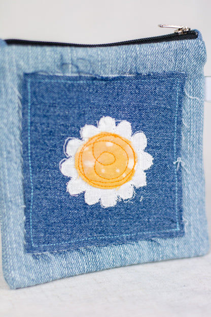 Embroidered Daisy Denim Pouch