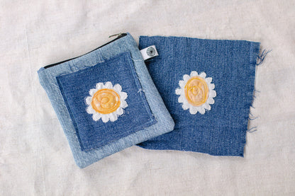 Embroidered Daisy Denim Pouch