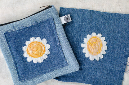 Embroidered Daisy Denim Pouch
