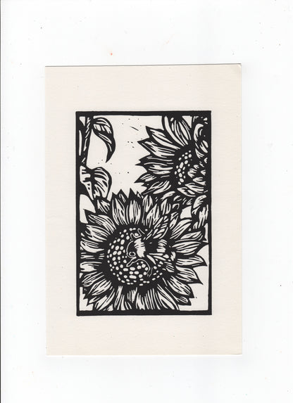 Bee and Sunflower A5 Linocut Print