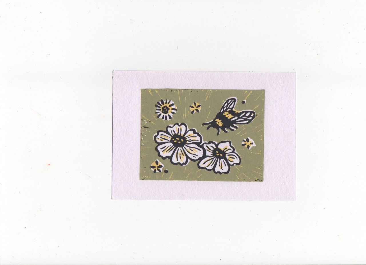 Flower and Bee Linocut Print