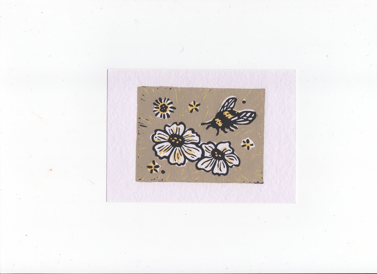 Flower and Bee Linocut Print