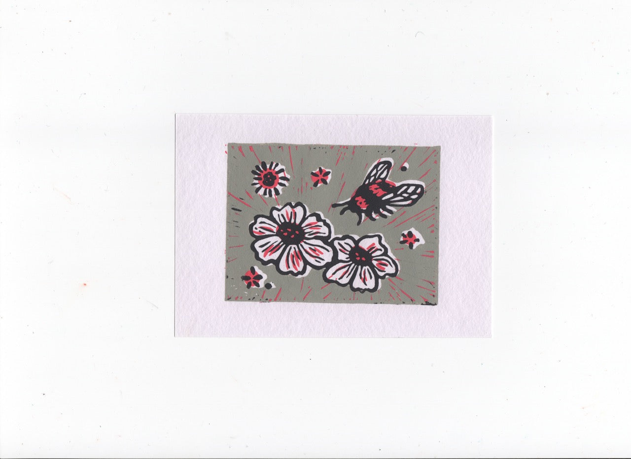 Flower and Bee Linocut Print