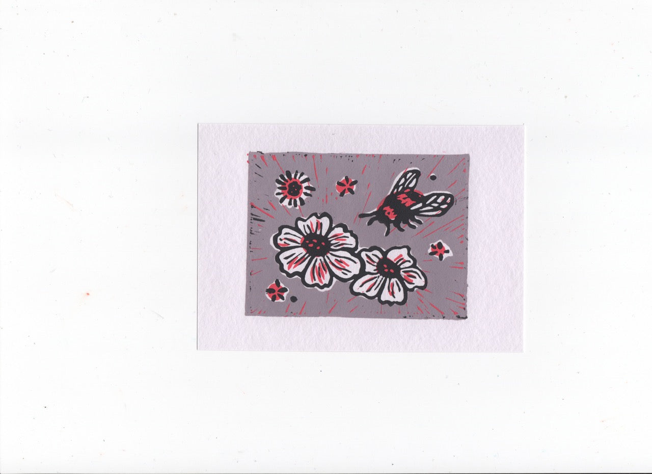 Flower and Bee Linocut Print