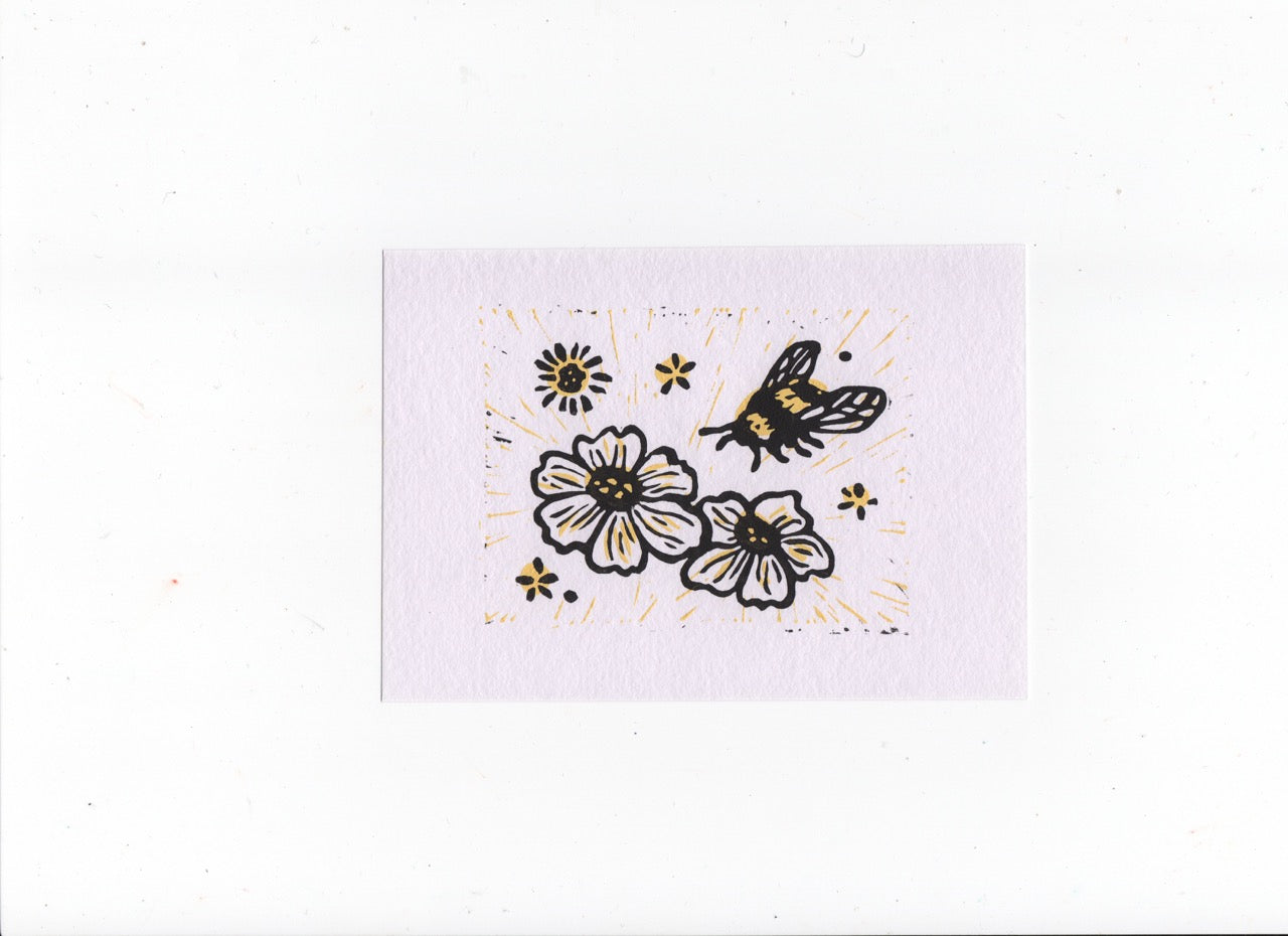 Flower and Bee Linocut Print