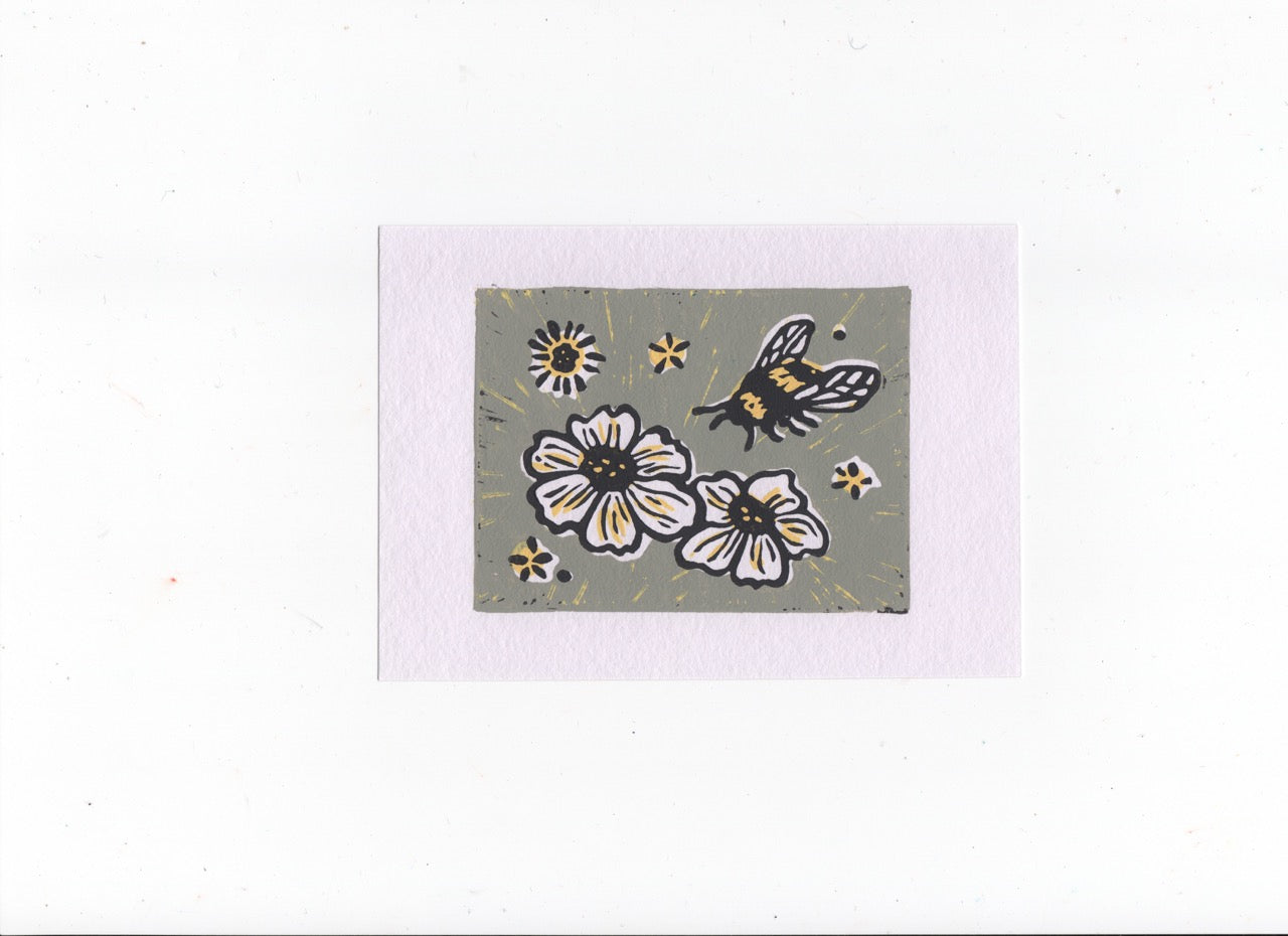 Flower and Bee Linocut Print